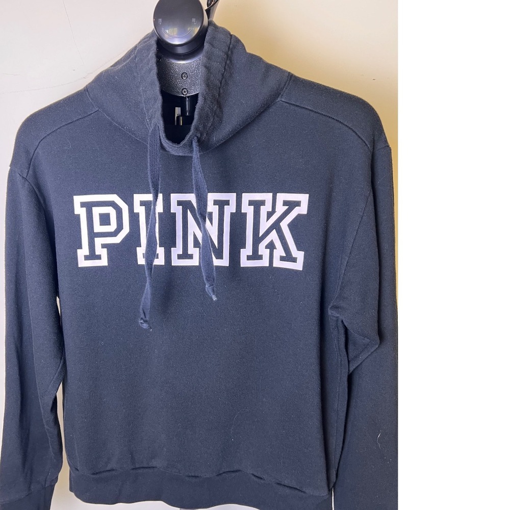 PINK Victoria's Secret Hoodie Women Small Black Y2K Funnel Neck Logo Sweatshirt